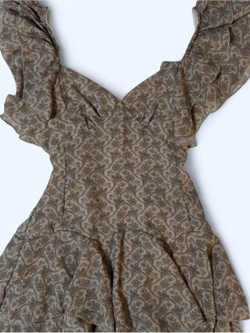 Buckle Paisley Ruffle Mini Dress in Brown